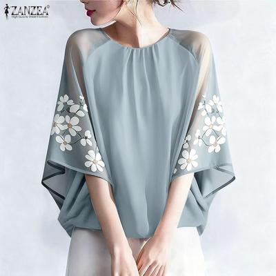Women Casual Round Neck Loose Mesh Splice 3/4 Sleeve Blouse