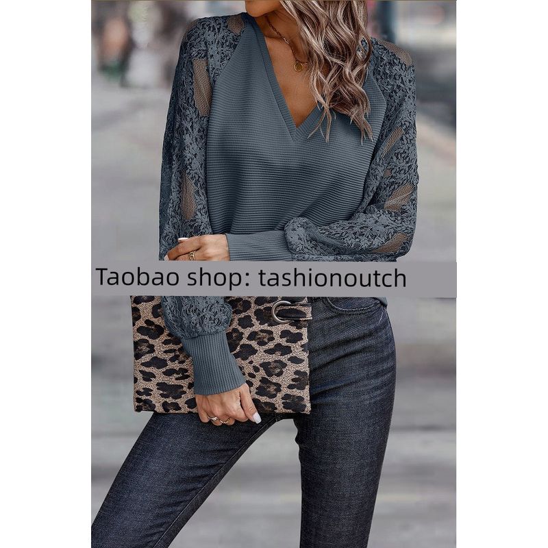 

2024V Collar Panel Lace Fashion Knit Top Fashion Knit Top Grey XL