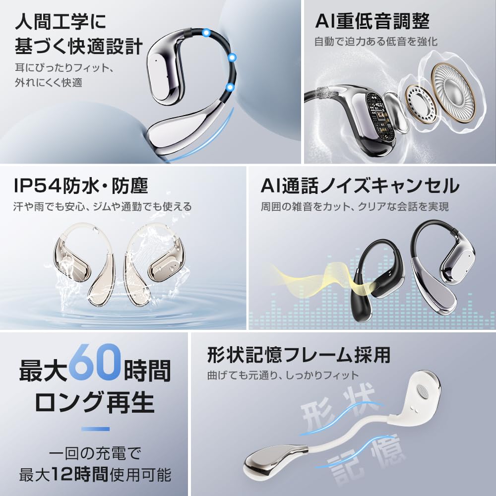Wireless Earbuds Sound Bluetooth Ear 60 Hours of Bone Transformed Air Bluetooth Open No Ear LED Perfect for and Kotsudendo Allow You to Hear Outside