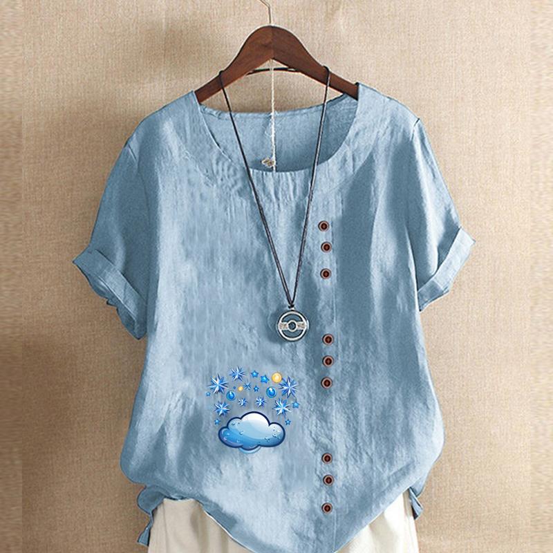 Women's Fashion Round Neck Short Sleeve T-shirt Casual Cotton Linen Graphic Shirt Leisure Loose Cloud Prined Summer Blouse Tops