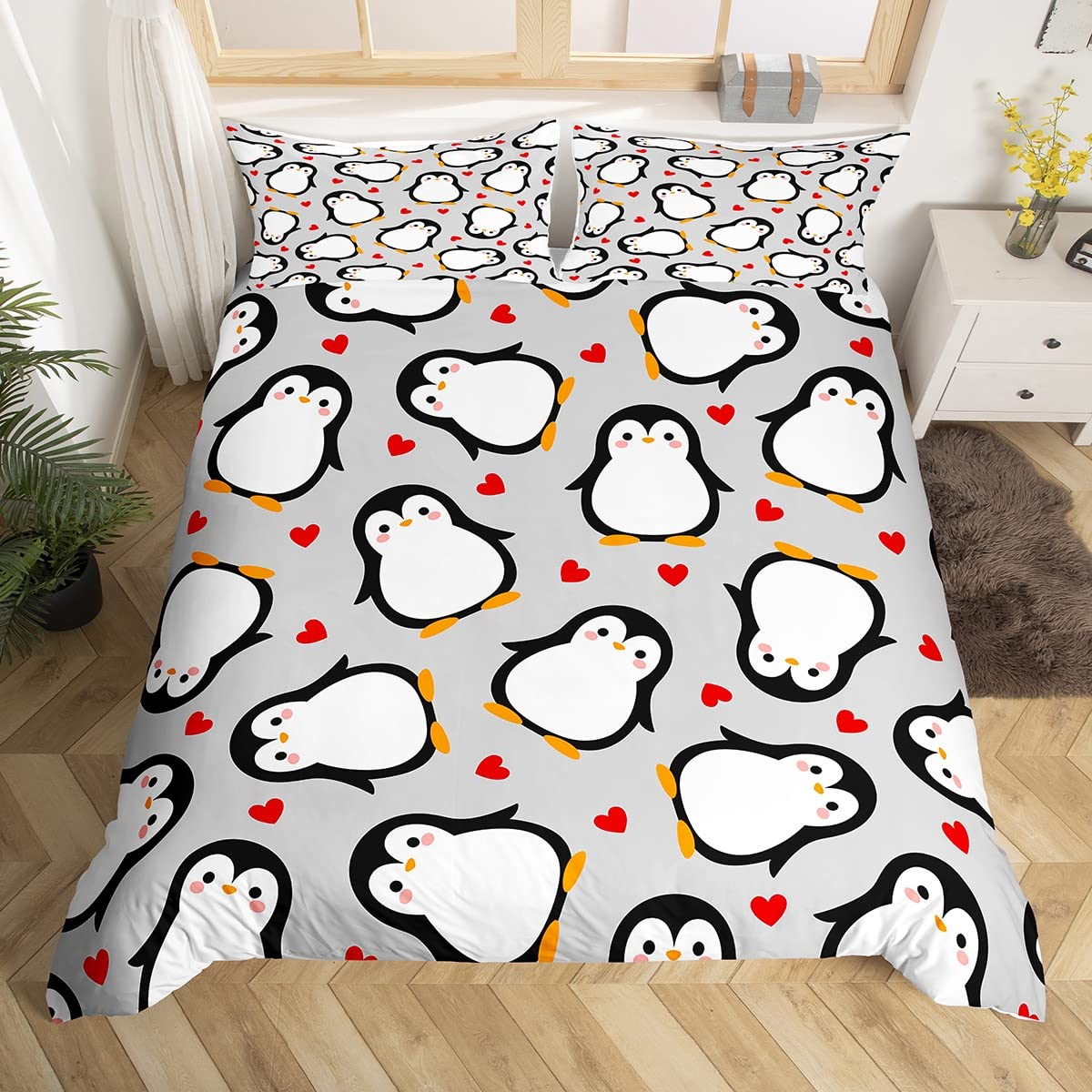 Penguin dekbedovertrek kawaii dierenprint zwart wit kleine pinguïn dekbedovertrek blauw ijsberg Antarctica winterbeddengoedset EU single(135x200cm)