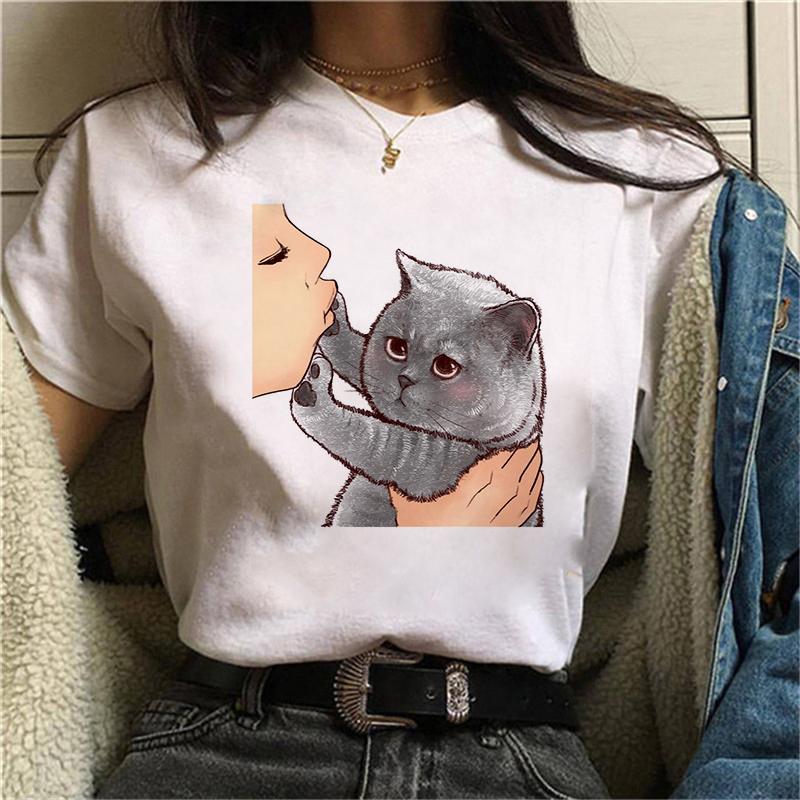 2021 Summer Women Tshirt Kiss a cute cat Printed Tshirts Casual Tops Tee Harajuku 90s Vintage White tshirt Female Clothing