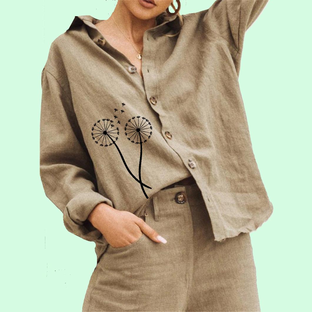 

Женская модная блузка с цветочным принтом, женская повседневная рубашка с длинным рукавом и пуговицами из хлопка и льна 3XL хаки