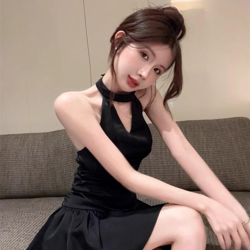 Sexy Pure Desire Black Sleeveless Neck Dress Children's Summer Waist Temperament Design Sense Niche Thin Skirt
