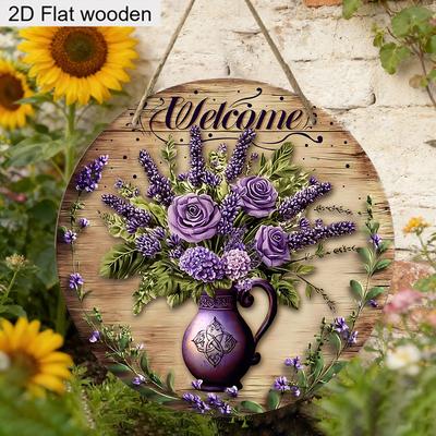 2D Flat, 1pc Spring Welcome Sign, Purple Rose Lavender Bouquet Pattern Wooden Sign, Round Wall Art Decoration Plaque, Indoor Outdoor Decoration