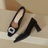 Black high heels temperament is not tired feet 2025 new spring and autumn square head French rhinestone square buckle thick heel shallow mouth sin