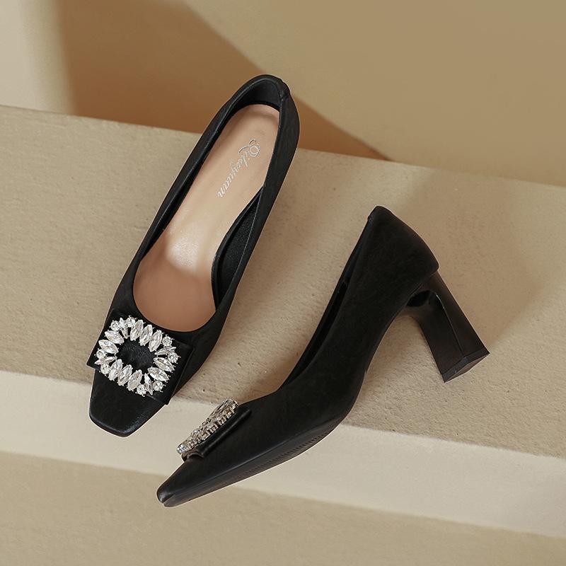Black High Heels Temperament Is Not Tired Feet 2025 New Spring and Autumn Square Head French Rhinestone Square Buckle Thick Heel Shallow Mouth Sin