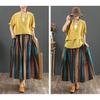 Qooth Women A Line Cotton Pleated Skirt Linen Stripes Wide Hem Mid Length Elastic Waist Skirt QT2651