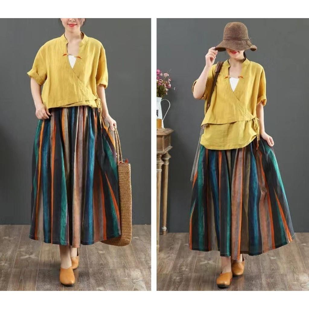 Qooth Women A Line Cotton Pleated Skirt Linen Stripes Wide Hem Mid Length Elastic Waist Skirt QT2651
