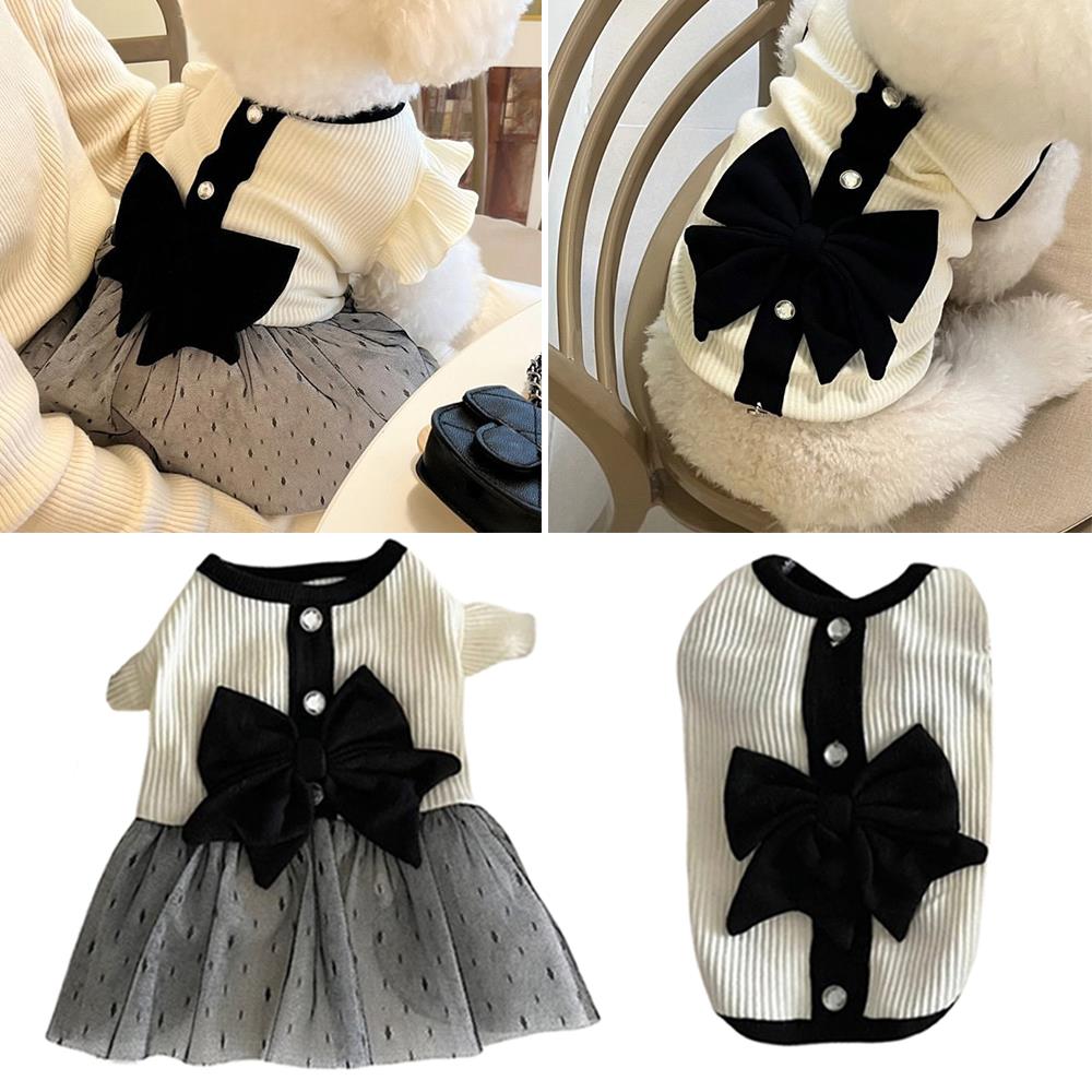 Knitted Dog Dresses for Small Dogs Cats Bow-Knot Cute Girl Dog Clothes JK Female Pet Dress Puppy Outfits for Chihuahua Yorkie