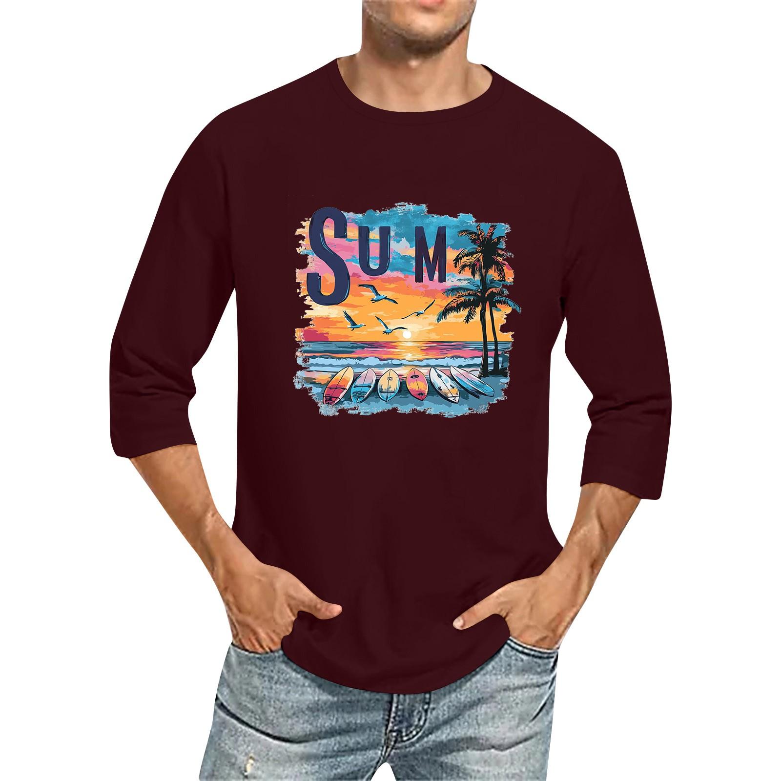 

Мужская однотонная футболка с круглым вырезом и рукавами три четверти M винный