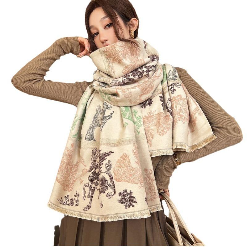 Winter New All Things Jacquard Scarf Women's Versatile Elegant Imitation Cashmere Shawl Cold and Warm Thickened Scarf