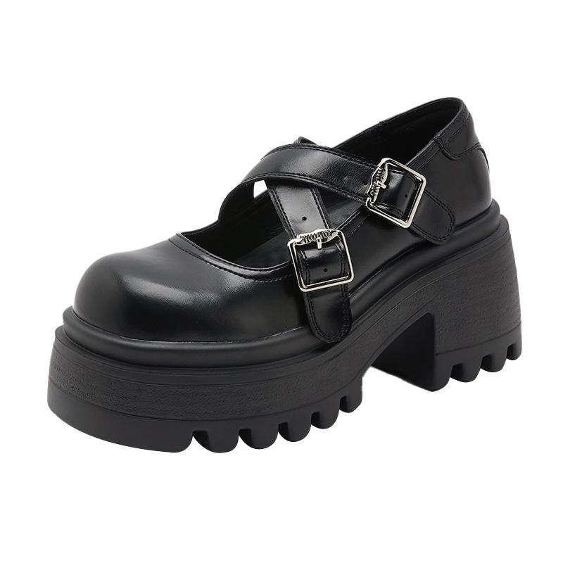 

Красивые ноги Power Platform Mary Jane Туфли женские британский стиль Круглая головка Крест пряжка Маленькие кожаные туфли Лоферы 40 чёрный