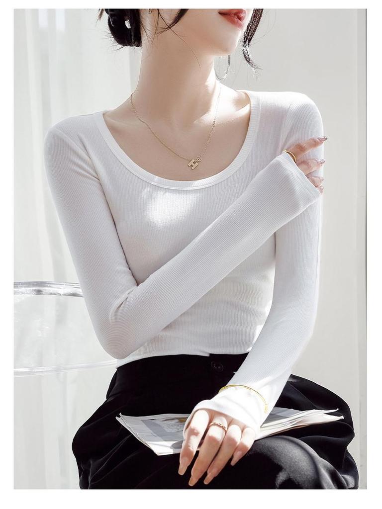 Women's Modal Low-Neck Backless Slim Fit Long-Sleeve Plus Velvet Tee for Autumn and Winter