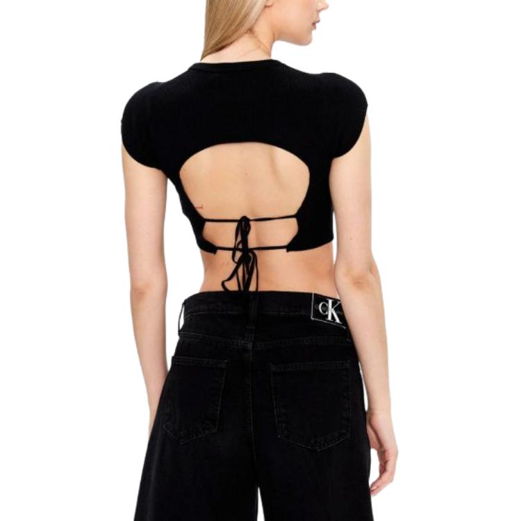Calvin Klein Logo Print Back Hollow Round Neck Short Sleeve Knit Women T-Shirts Black J20J220709-BEH