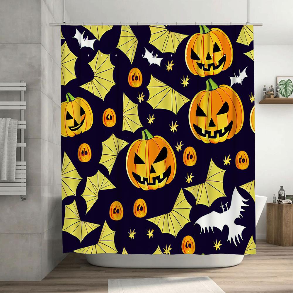 Halloween shower curtain featuring spooky pumpkins and bats waterproof fabric for bathroom decor