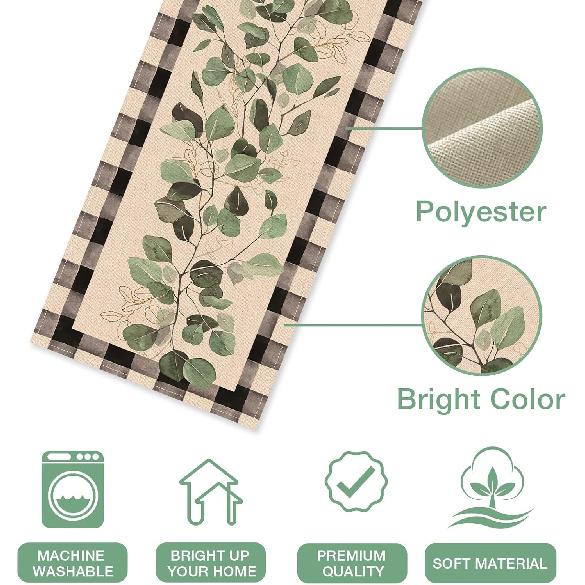 Seliem Spring Eucalyptus Leaves Greenery Table Runner, Black White Buffalo Plaid Check Kitchen Dining Table Decor, Green Plants Botanical Summer