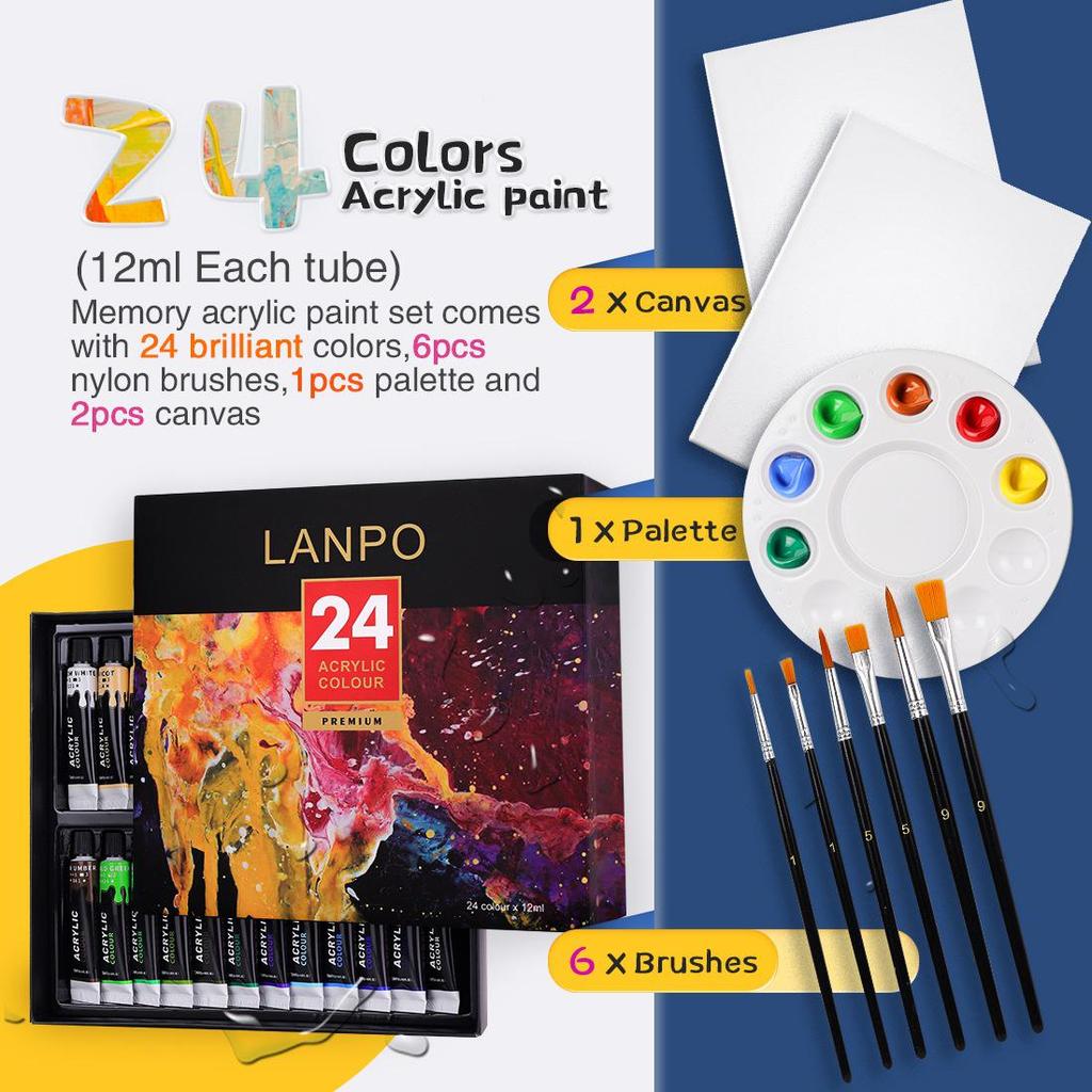 Acrylic Paint Set: 12 or 24 Colors in 12ml or 60ml, Waterproof, Hand-Painting DIY Kit