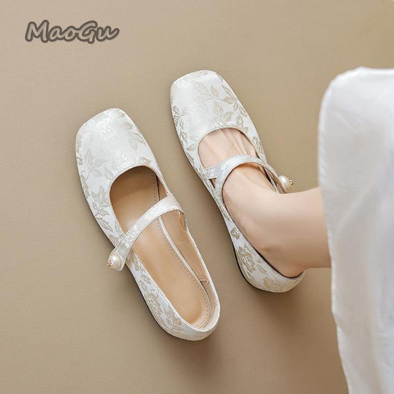 Fashion Elegant Square Toe Low Heel Pumps Women's Thick Heeled Chinese Style Mary Jane Shoes Shallow Mouth Comfortable Shoes for Women