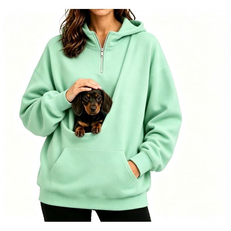 Womens Half-Zip Hooded Sweatshirt With Pet Pocket Loose Fit Fall Winter Top Small Dogs