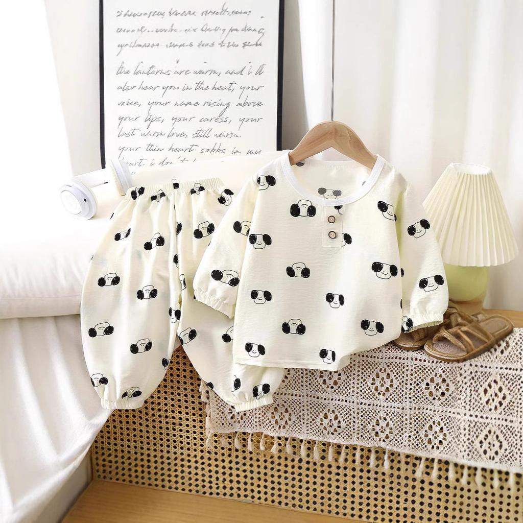 Children's Home Suit Set Cartoon Loose Long Sleeved Air-conditioned Suit for Boys and Girls Two-piece Set