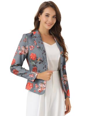 Allegra K Damen Grau Geblümter Blazer Jacke, Langarm, Print, Reverskragen, Offene Vorderseite, Kurze Länge, Größe S