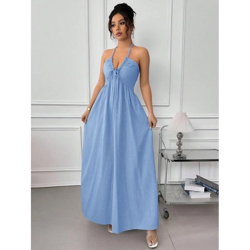 Summer new blue neck halter dress waist thin seaside vacation gentle wind