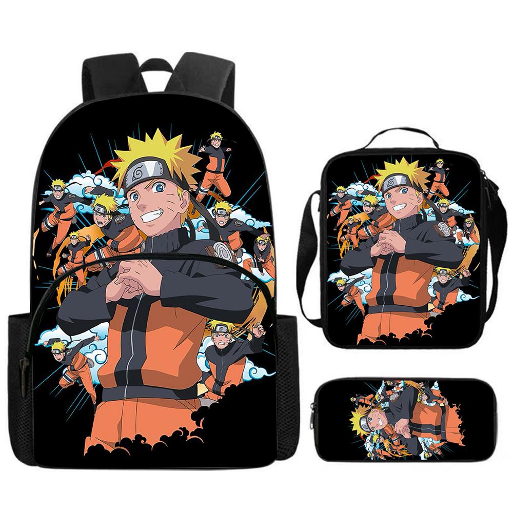 3Pcs Set NARUTO Anime School Backpack with Front Pocket, Lunch Bag & Pencil Bag, Lightweight & Durable for Boys & Girls Age 4-10