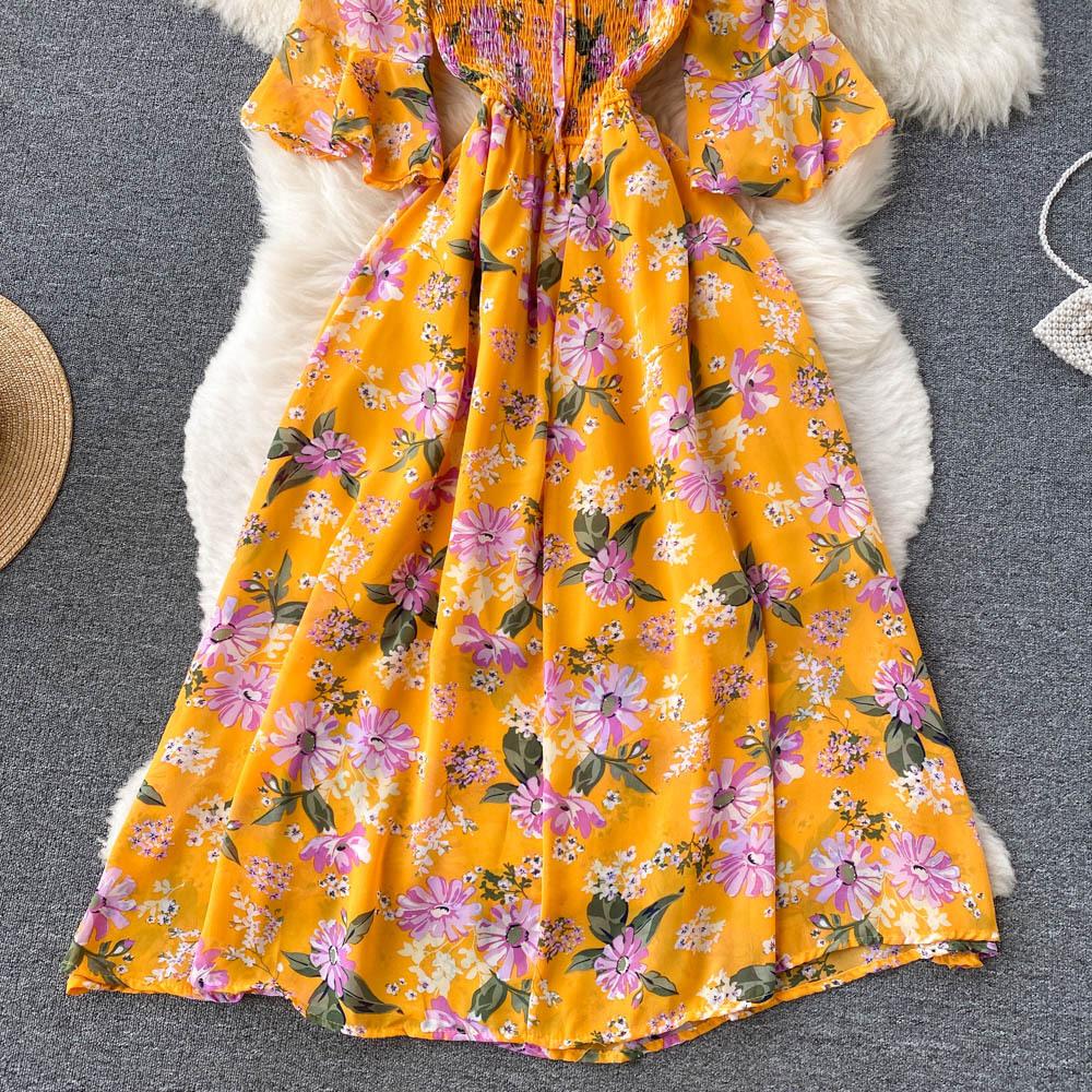 Tea Break French Vintage Dress Square Neck Flared Sleeve Tie Waist Women's Temperament Swing Long Dresses