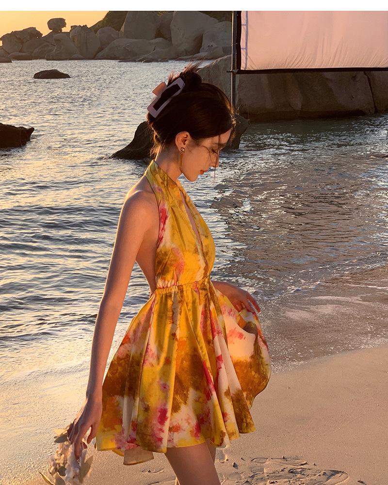 Sunny Yellow Halter Mini Dress - French Style, Fairy-Inspired, Sexy Backless Design, Perfect for Slimming Vacation Looks