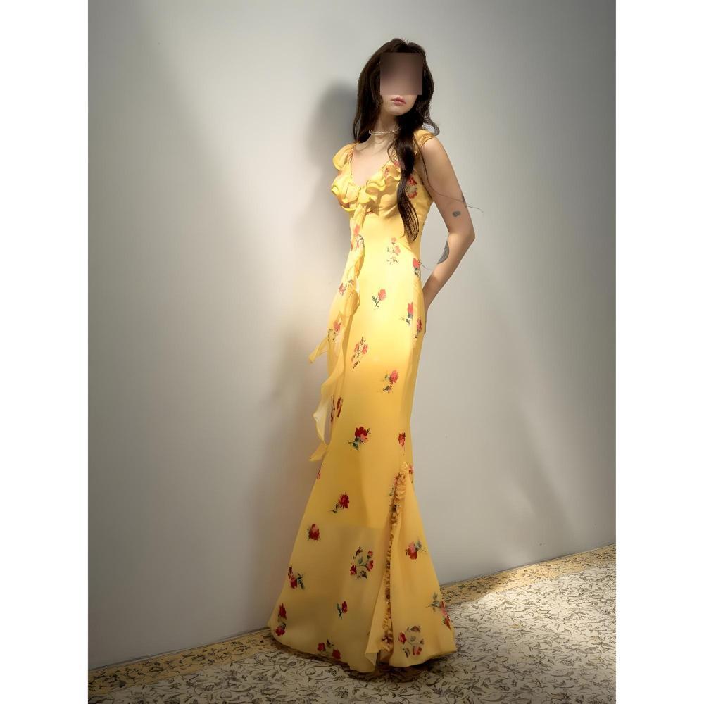 

Кружевное платье-подвязка с цветочным принтом, женское, новое весенне-летнее, стиль для морского отдыха, приталенное, с юбкой «рыбий хвост» XL- (recommended 110-60kg) жёлтый