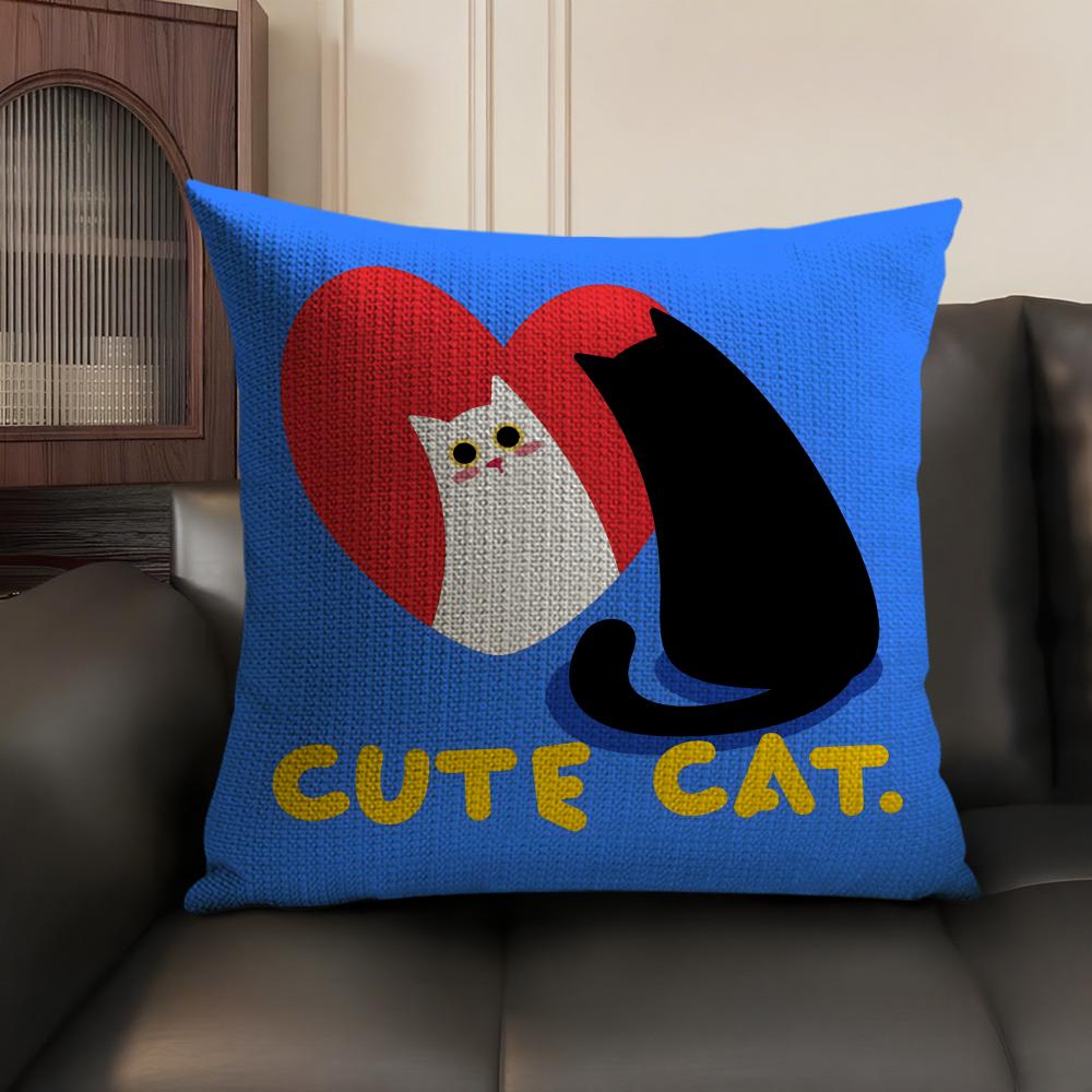 Cute Cat Cushion Cover Summer Breathable Linen Organic Fabric Double-Sided Printing Sofa Pillow Case Home Decor
