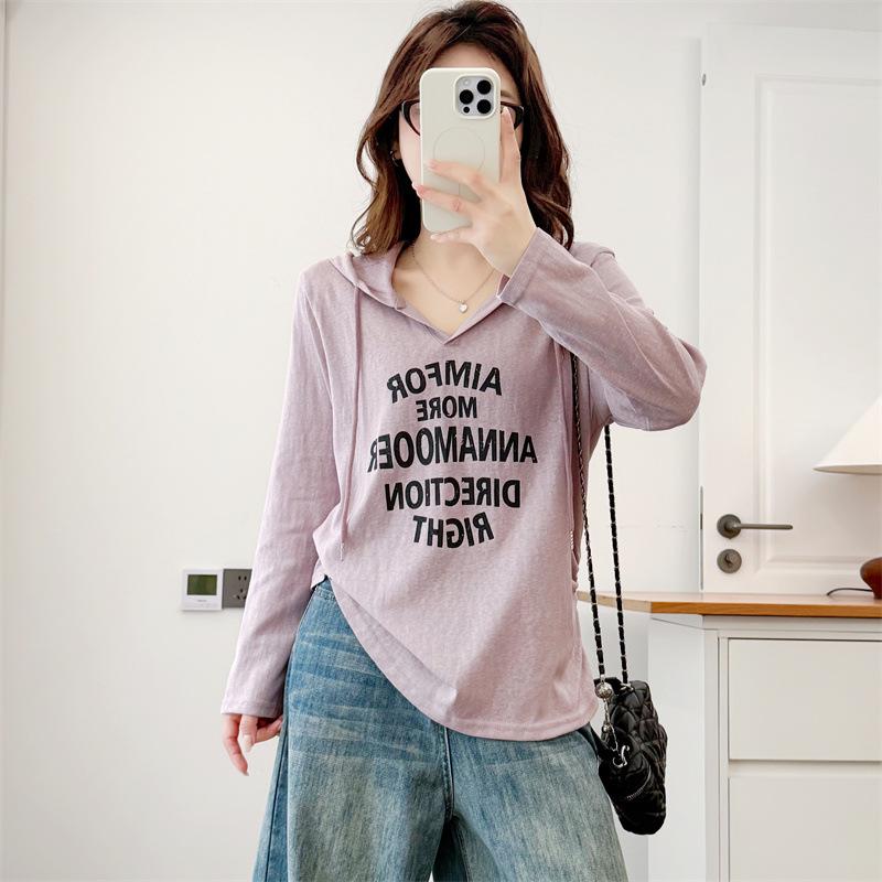 Women's Plus Size V-Neck Letter Print Hoodie - Long Sleeve Casual Slimming Top for Spring 2026