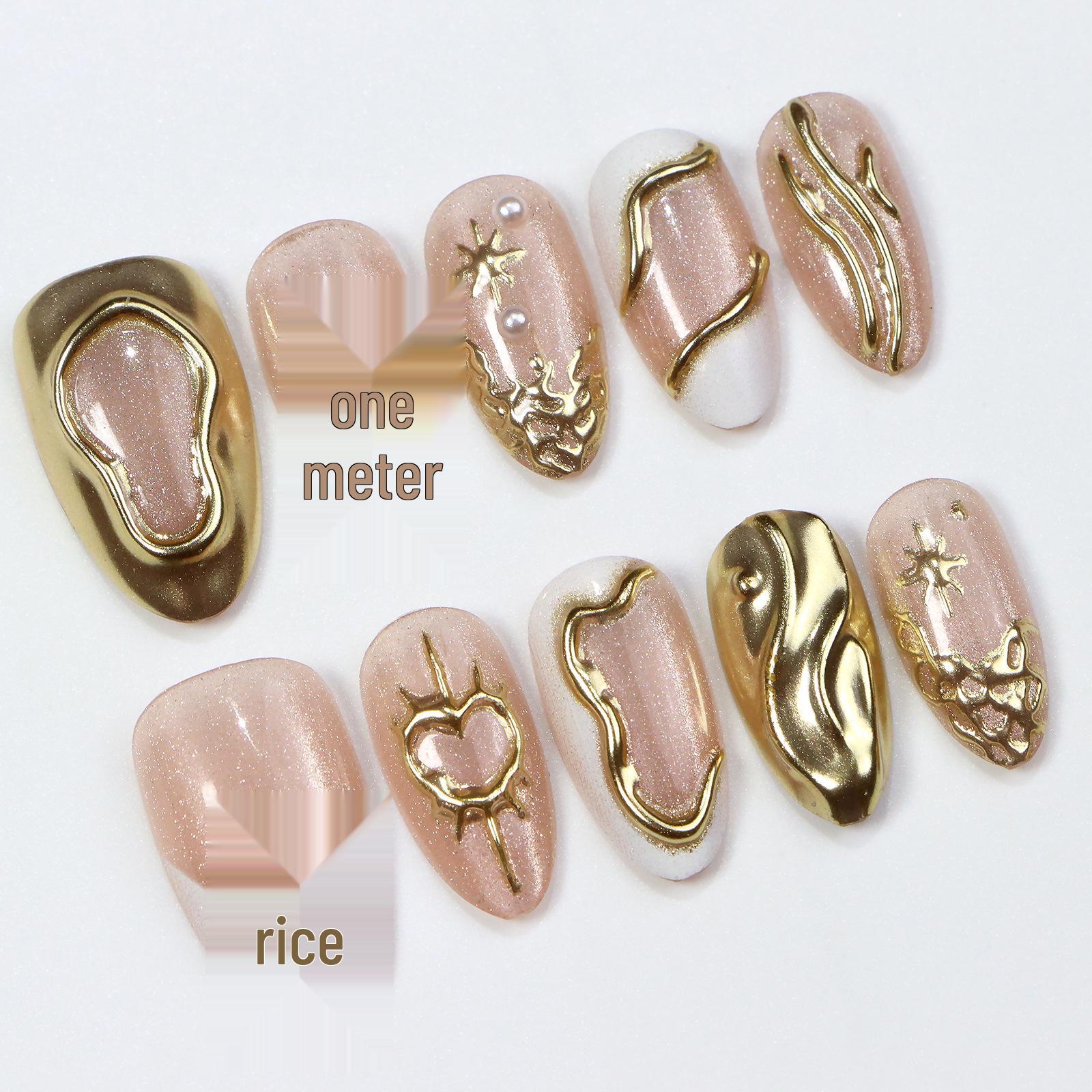 Elegant Almond-Shaped 3D Relief Carving Wearable Nails with Pearl Embossing