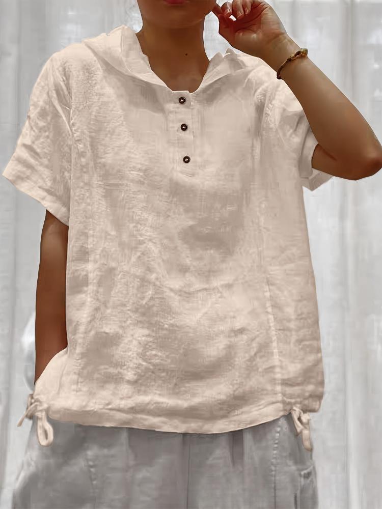 Women Loose Solid Color Hooded Collar Short Sleeve Front Button Pullover