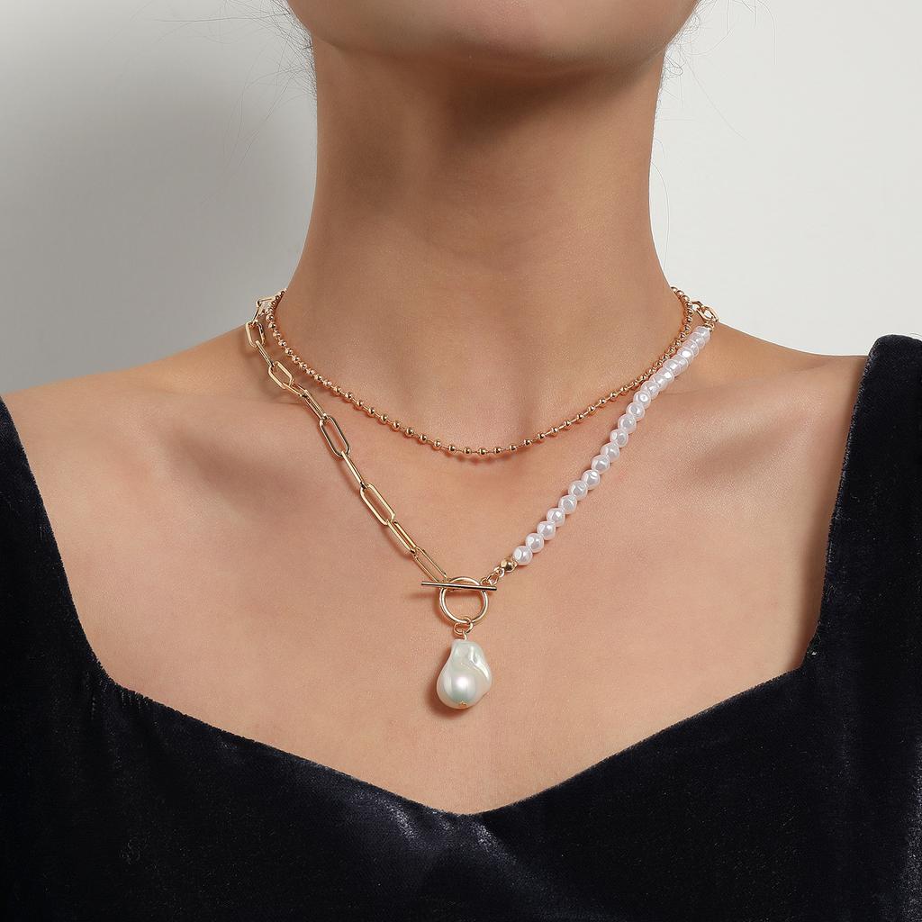 European and American Fashion, Simple Pearl Splicing Chain Necklace, Double-layer Women's Necklace Stacked with Wind Alloy Necklace
