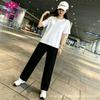 Summer clothing large size sportswear foreign style new women's pure cotton short-sleeved loose top thin straight pants two-piece set
