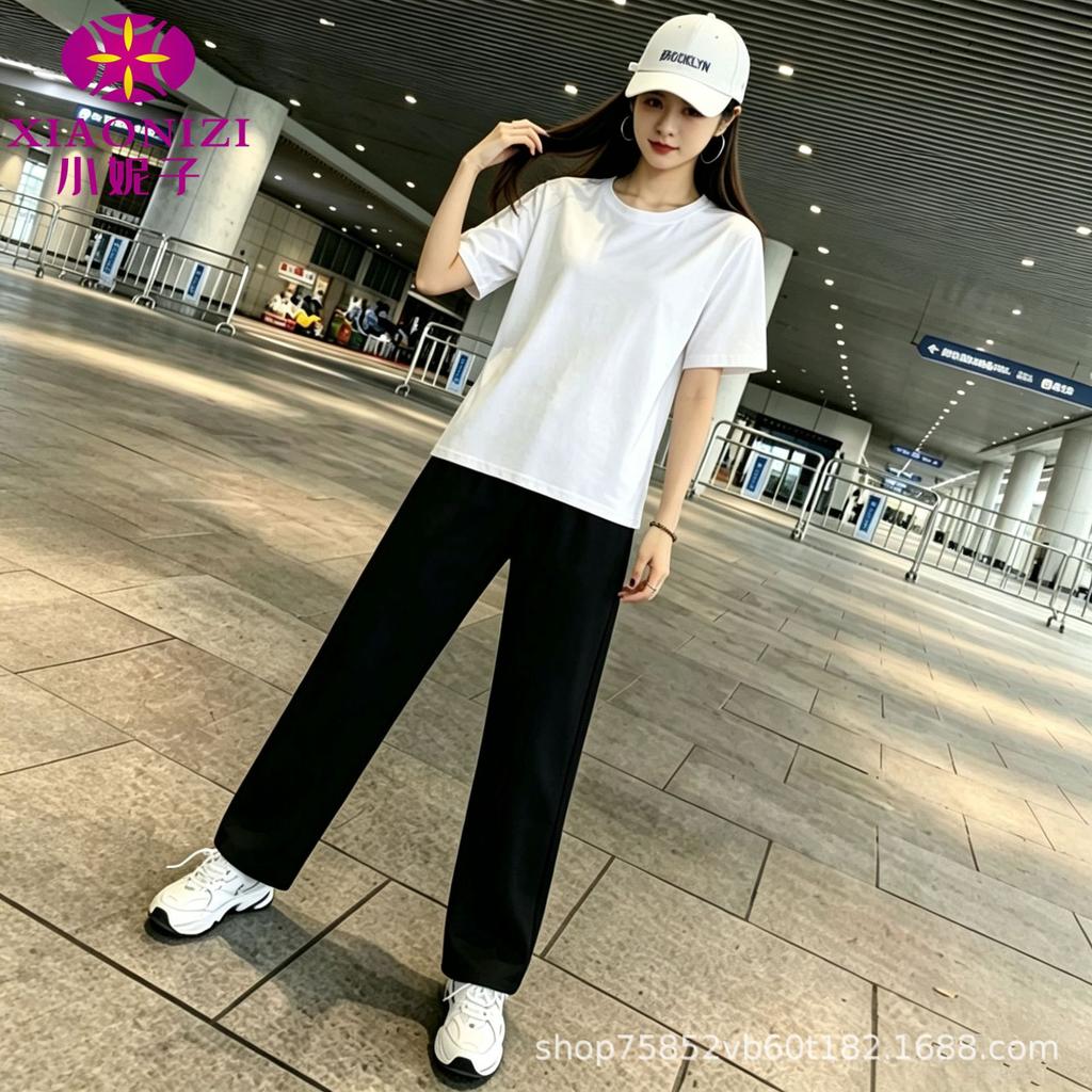 Summer clothing large size sportswear foreign style new women's pure cotton short-sleeved loose top thin straight pants two-piece set