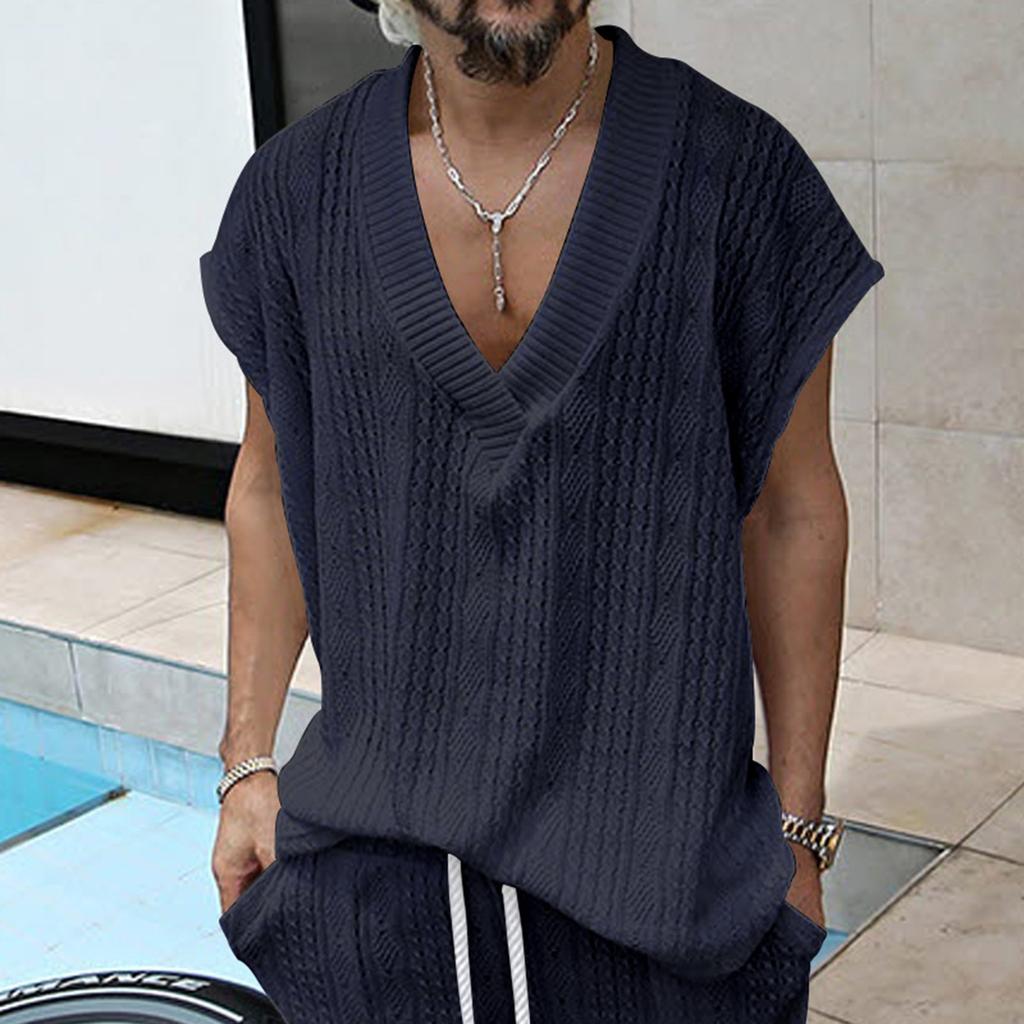 Men's Loose Casual V-Neck Sleeveless Tops Men's Knitted Sleeveless Vest Tops