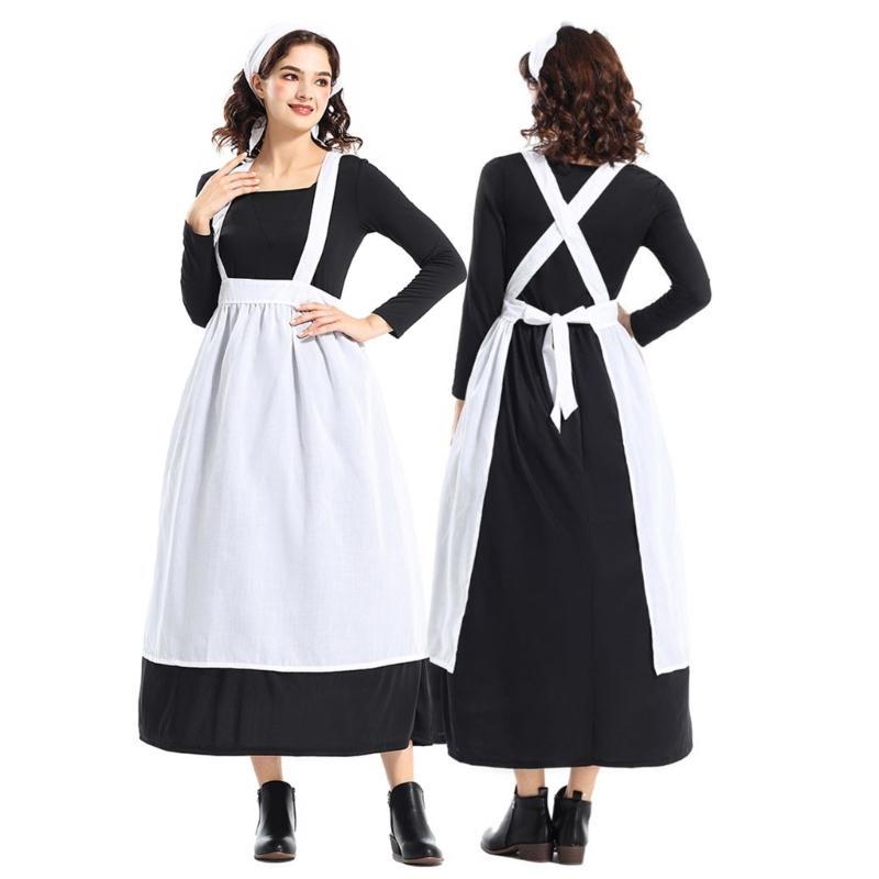 Halloween Maid Costume Set Includes French Maid Apron Maid Dress and Headscarf Set for Women, Kitchen Cooking Apron