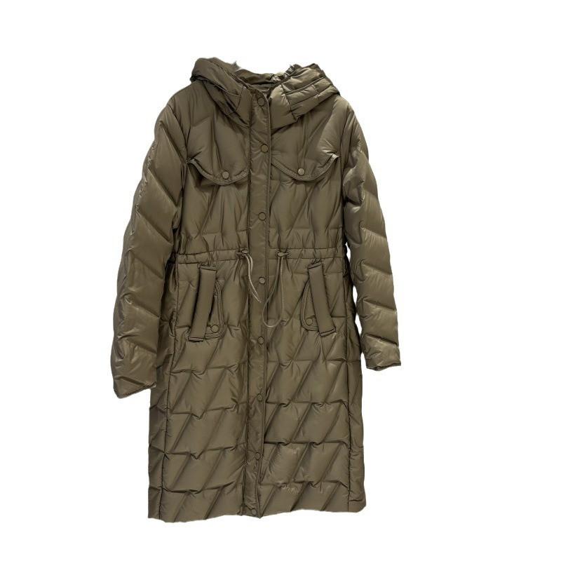 Womens Mid-Length Down Coat With Hood Slim Fit Knee-Length Lightweight Warm Outerwear In Black Beige Coffee Forest Green