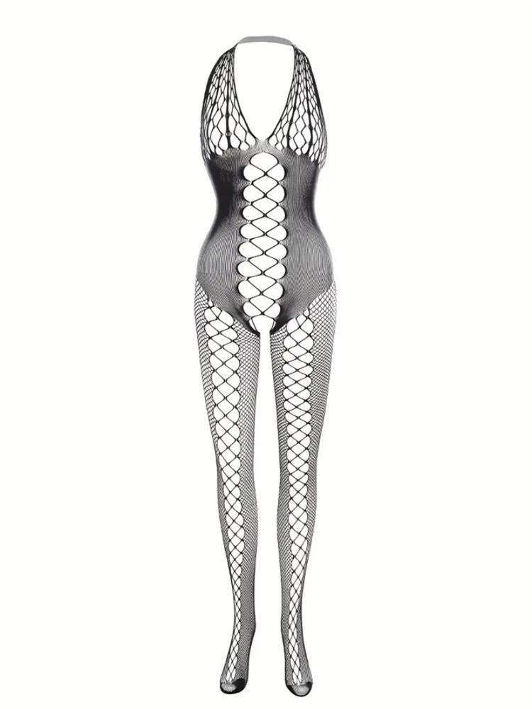 Hot Drilling Bodysuit Erotic Lingerie Women Fishnet Sexy Stockings With Belt Rhinestone Pantyhose Black Mesh Erotic Costumes