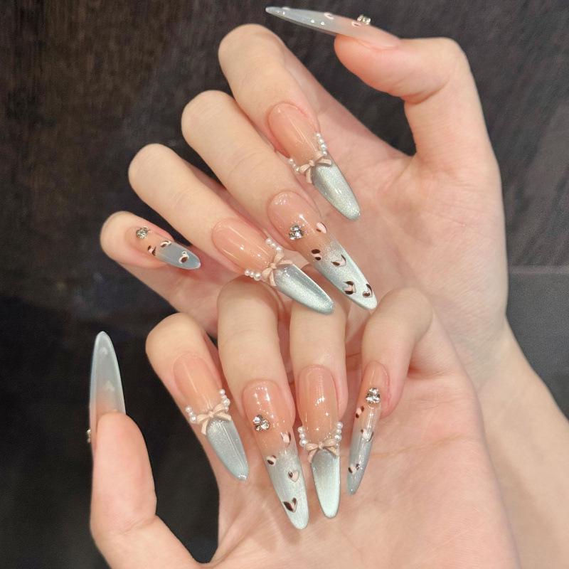 Handmade Blue Cat Eye Leopard Print Press-On Nails with French Bow Design