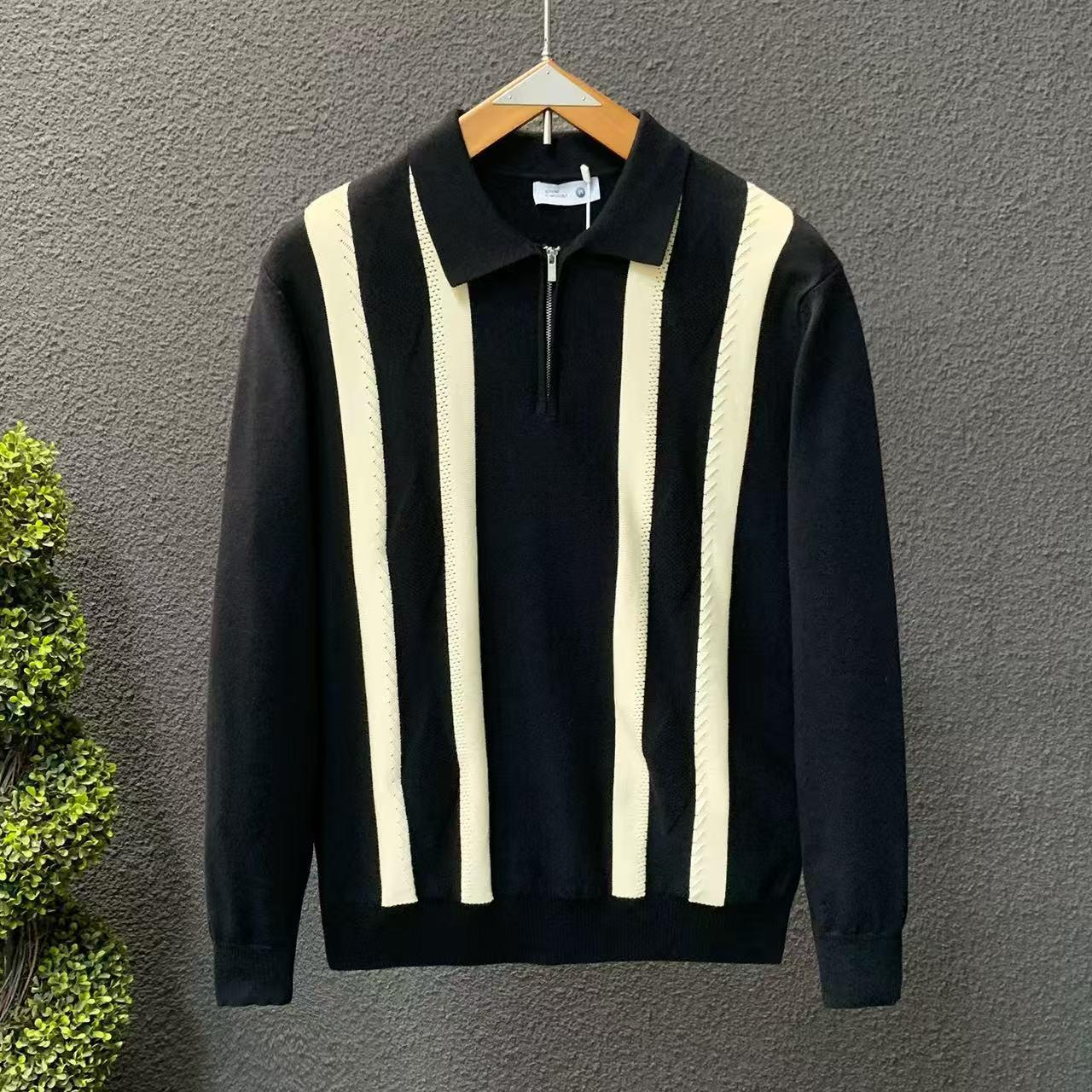 Men s Trendy Striped Half-Zip Polo Knit Sweater for Spring & Autumn L чёрный