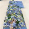 Blue Tulle Fabric with 3D Embroidered Flowers – Chinese Style Floral Lace for Wedding Dresses, Qipao & Stage Costumes