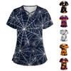 Plus Size Hallowen Printed Scrub Working Uniform Tops For Women Cross V-Neck Short Sleeve Fun T-Shirts Workwear Tee With Pockets