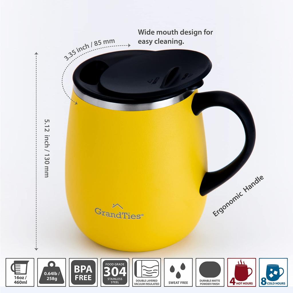 GRANDTIES 19 Farben Premium vakuumisolierter Becher 460ml Leicht gleitender Deckel inklusive Edelstahl Doppelwand Vakuumisolierte Struktur Kommt mit