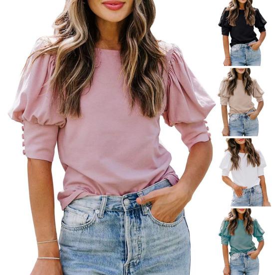 Women Top Round Neck Patchwork Lantern Sleeves Solid Color Loose OL