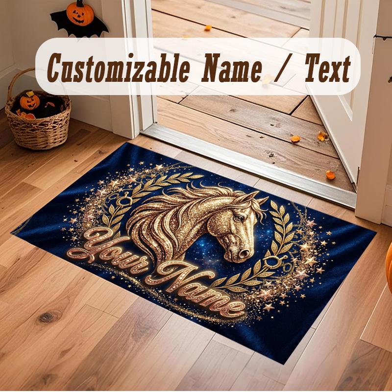 Horse Theme Soft Crystal Velvet Rug Custom Name & Text Print Non Slip Floor Rug for Bedroom Living Room