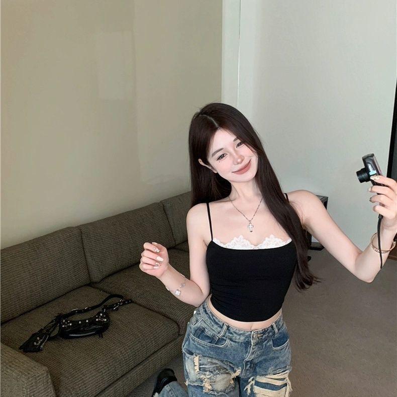 Women's Summer Lace Camisole Short Ruffled Vest Patchwork Slim Fit Lining Hot Girl Chest Pad Sexy Top